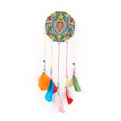 Building DIY Butterfly Theme Diamond Wind Chime Pendant Decoration Kits, Including Canvas, Resin Rhinestones, Diamond Sticky Pen, Tray Plate and Glue Clay, Woven Net/Web with Feather, Butterfly Farm, 150mm