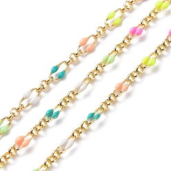 Colorful Enamel Oval Link Chains, with Real 18K Gold Plated Brass Findings, Soldered, with Spool, Colorful, 4x7x1mm