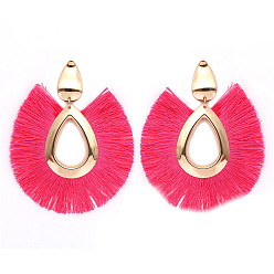 Deep Pink Alloy Teardrop Stud Earrings, Bohemia Style Horseshoe Tassel Dangle Earrings for Women, Deep Pink, 80x68mm