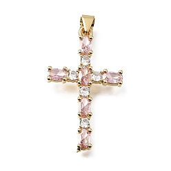 Pink Пасхальные латунные подвески с инкрустацией кубическим цирконием, крест с овальными подвесками, без свинца и без кадмия, стойки покрытие, долговечный, реальный 18 k позолоченный, розовые, 32x19x3 мм, отверстие : 4x3.5 мм