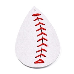 White Imitation Leather Pendant, Teardrop with Rugby Pattern, White, 69x46x2.5mm, Hole: 2mm