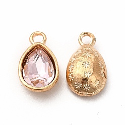 Pink Faceted Glass Rhinestone Pendants, with Golden Tone Zinc Alloy Findings, Teardrop Charms, Pink, 15x9x5mm, Hole: 2mm