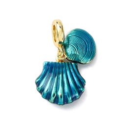 чирок Латунные эмалированные европейские подвески с подвесками, подвески с большими отверстиями в форме двойной ракушки, долговечный, стойки покрытие, без кадмия и без свинца, реальный 18 k позолоченный, зелено-синие, 30 мм, отверстие : 5.5 мм