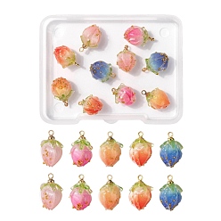 Mixed Color 10Pcs 5 Colors Handmade Flower Pendants, with Brass Peg Bails and Glass Micro Beads, Bud, Golden, Mixed Color, 2pcs/color