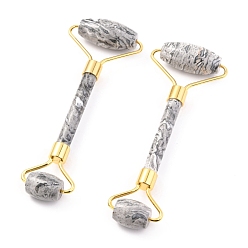 Map Stone Natural Map Stone Brass Face Massager, Facial Rollers, Golden, 142~150x54~58x19~22mm
