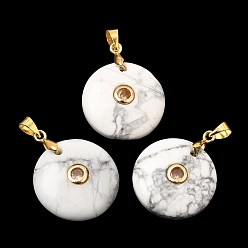 Howlite Natural Howlite Pendants, Coin Charms with Brass Pave Cubic Zirconia Findings, Golden, 27x21x5mm, Hole: 4x3.5mm