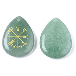 Green Aventurine Natural Green Aventurine Pendants, Teardrop with Nordic Pagan Pattern, 32~33.5x25~26x6.5~7.5mm, Hole: 2mm, 6pcs/bag