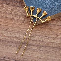 Golden Iron Hair Fork Findings, with Alloy Bead Cap, Flower, Long-Lasting Plated, Golden, 55x17.5mm