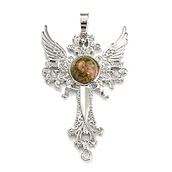 Unakite Natural Unakite Big Pendants, Cross with Wing Charms, with Platinum Plated Brass Findings, 52.5x32x7~7.5mm, Hole: 4x8mm & 2mm
