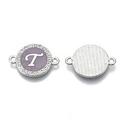 Letter T Alloy Enamel Links Connectors, with Crystal Rhinestones, Flat Round with Letter, Silver Color Plated, Letter.T, 22x16x2mm, Hole: 1.8mm