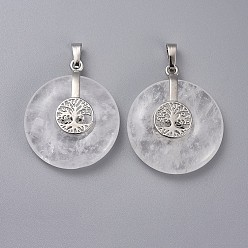 Quartz Crystal Natural Quartz Crystal Pendants, Rock Crystal Pendants, with Platinum Tone Brass Findings, Donut/Pi Disc with Tree of Life, 35.5x30x8.5~9.5mm, Hole: 4.5x6.5mm