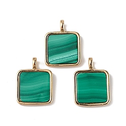 Malachite Natural Malachite Pendants, Square Charms with Rack Plating Golden Tone Brass Findings, Lead Free & Cadmium Free, 16~16.5x12x1.5mm, Hole: 1.5x2mm