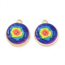 Colorful Printed Brass Pendants, Flat Round with Rainbow Rainbow Charms, Rack Plating, Long-Lasting Plated, Lead Free & Cadmium Free, Real 18K Gold Plated, Colorful, 20x17.5x5mm, Hole: 2.5x1.5mm