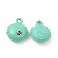 Turquoise Spray Painted Alloy Pendants, with Rhinestone, Flat Round Charm, Turquoise, 12x9.5x4.5mm, Hole: 1.2mm