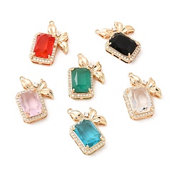 Mixed Color Brass with K9 Glass Pendants, Golden Rectangle with Bowknot Charms, Mixed Color, 27x19.5x8.5mm, Hole: 1.5mm