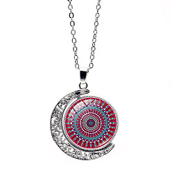 FireBrick Glass Moon with Mandala Flower Pendant Necklace, Stainless Steel Jewelry for Women, FireBrick, 17.72 inch(45cm)
