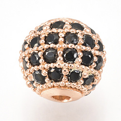Rose Gold Brass Micro Pave Cubic Zirconia Beads, Round, Black, Rose Gold, 10mm
