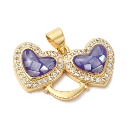 Средний Аквамарин Подвески с двойным сердцем из латуни с микропаве и кубическим цирконием, с эмалью и ракушкой, долговечный, без свинца и без кадмия, реальный 18 k позолоченный, средний аквамарин, 15x25x5 мм, отверстие : 4x5 мм