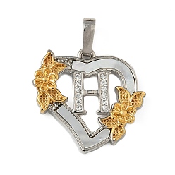 Letter H Латунь микропаве фианиты с подвесками-ракушками, Сердце и письмо, долговечный, без свинца и без кадмия, стойки покрытие, Письмо ч, 20x20.5x3 мм, отверстие : 3.5x5 мм