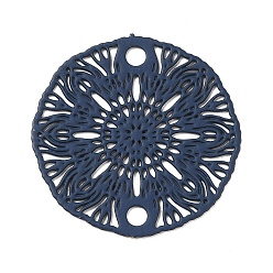 Steel Blue 430 Stainless Steel Connector Charms, Etched Metal Embellishments, Flat Round with Flower Links, Steel Blue, 18.5x0.5mm, Hole: 1.8mm
