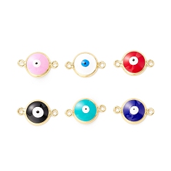 Mixed Color Brass Enamel Links Connectors, Long-Lasting Plated, Real 18K Gold Plated, Lead Free & Cadmium Free & Nickel Free, Flat Round with Evil Eye, Mixed Color, 16x10x3.5mm, Hole: 1.4mm