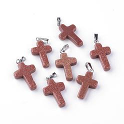 Goldstone Synthetic Goldstone Pendants, Dyed, with Brass Pinch Bails, Platinum Plated, Cross, 23.5~28x15~18x4mm, Hole: 3x6mm