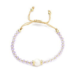 Lilac Adjustable Pearl & Glass & Brass Braided Beaded Bracelet for Women, Lilac, Inner Diameter: 1-7/8~2-7/8 inch(4.8~7.3cm)