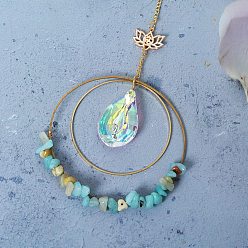 Flower Amazonite Double Round Ring Chip Natural Flower Amazonite Window Hanging Pendant Decorations, with Glass & Iron Findings, 280mm