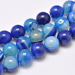 Blue Natural Striped Agate/Banded Agate Bead Strands, Dyed & Heated, Round, Grade A, Blue, 10mm, Hole: 1mm, about 39pcs/strand, 15.2 inch(387mm)