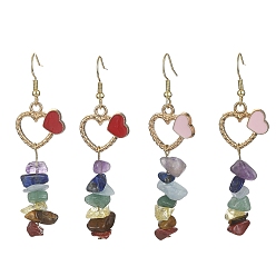 Mixed Color 2 Pair 2 Color Natural Mixed Gemstone Chips Dangle Earrings, Alloy Enamel Heart Long Drop Earrings with 304 Stainless Steel Pins for Valentine's Day, Mixed Color, 65x18mm, 1 Pair/color