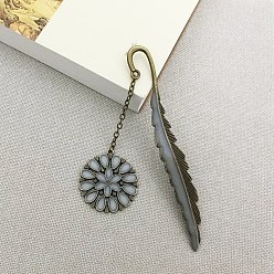 Flower Glow in The Dark Bookmark, Luminous Alloy Feather Shape Bookmark, Pendant Bookmark, Antique Bronze, Flower Pattern, 115mm