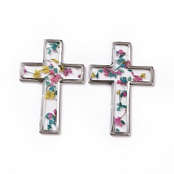 Silver Epoxy Resin Pendants, with Dried Flower Inside and Alloy Findings, Cross, Silver, 26x17x1.5mm
