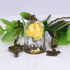 Yellow Butterfly & Key & Glass Dried Flower Wishing Bottle Pendant Necklace, with Antique Bronze Alloy Cable Chains, Yellow, 33.46 inch(85cm)