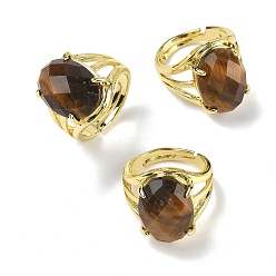Тигровый глаз Латунные манжеты с открытыми кольцами, с натуральным тигровый глаз, овальные, граненые, стойки покрытие, долговечный, золотые, 18 мм