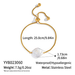 Настоящее золото 18K Элегантные регулируемые браслеты из нержавеющей стали с коробчатой цепочкой, барочные браслеты из жемчужных бусин для женщин, плоско-круглые, реальный 304 k позолоченный, 18 дюйм (9.84 см)