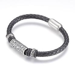 Antique Silver Leather Cord Bracelets, with 304 Stainless Steel Findings and Magnetic Clasps, Column, Antique Silver, 8-3/8 inch(212mm)