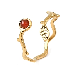 Carnelian 304 Stainless Steel Cuff Open Rings for Women, Leaf, with Natural Carnelian, Ion Plating(IP), Golden, 12mm, US Size 7 1/2(17.7mm)