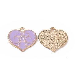 Lilac Alloy Enamel Pendants, Heart with Letter A Charm, Golden, Lilac, 17x18x1mm, Hole: 1.8mm