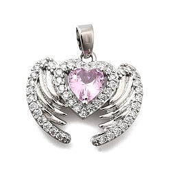 Pink Латунные микро проложить кубического циркония подвески, Сердце и крыло, платина, розовые, 16x20x5.5 мм, отверстие : 5x2.5 мм