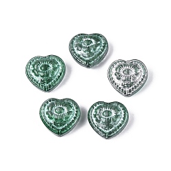 Vert Mer Perles de verre transparentes avec peinture à cuisson, coeur et fleur, métal argenté enlaça, vert de mer, 14.5~15x16x7~7.5mm, Trou: 1~1.2mm
