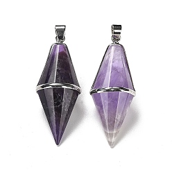 Amethyst Natural Amethyst Pointed Pendants, Faceted Bicone Bullet Charms with Rack Plating Platinum Plated Brass Findings, Cadmium Free & Lead Free, 42.5~43x17~18mm, Hole: 4x5.5mm