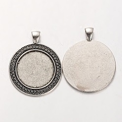 Antique Silver Tibetan Style Alloy Flat Round Pendant Cabochon Settings, Cadmium Free & Lead Free, Antique Silver, 44x35x2mm, Hole: 5x7mm, Tray: 25mm, about 142pcs/kg