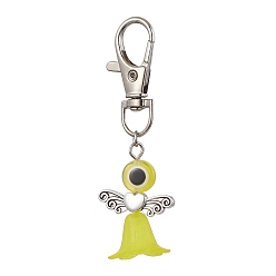 Yellow Acrylic & Resin Evil Eye Angel Pendant Decorations, with Zinc Alloy Swivel Lobster Claw Clasps, Yellow, 70mm