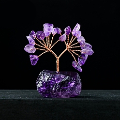 Amethyst Natural Amethyst Chips Tree Decorations, Gemstone Base with Copper Wire Feng Shui Energy Stone Gift for Home Office Desktop Ornament, 55~70mm