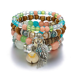 Shallow Mix B0020-3 Bohemian Beach Shell Tassel Multi-layer Bracelet Set for Women with Wood Beads, Crystals and Coconut Shells