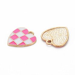 Deep Pink Alloy Enamel Pendants, Cadmium Free & Lead Free, Light Gold, Heart with Grid, Deep Pink, 17.5x15.5x1.5mm, Hole: 1.8mm