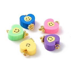 Mixed Color Handmade Polymer Clay Charms Pendant, with Golden Iron Eye Pin and Brass Beads, Heart with Smiling Face, Mixed Color, 13x9.5x4.5mm, Hole: 1.8mm