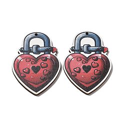 Lock Single Face Printed Wood Big Pendants, Valentine's Day Charms, Lock, 55x36x2.5mm, Hole: 2mm