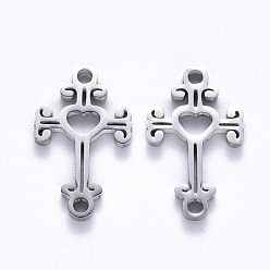 Stainless Steel Color 201 Stainless Steel Links Connectors, Laser Cut, Cross with Heart, Stainless Steel Color, 19x12x1.5mm, Hole: 1.6mm