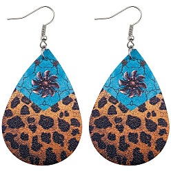 Peru Imitation Leather Teardrop with Leopard Print Dangle Earrings, Bohemia StyleEarrings for Women, Peru, 78x38mm